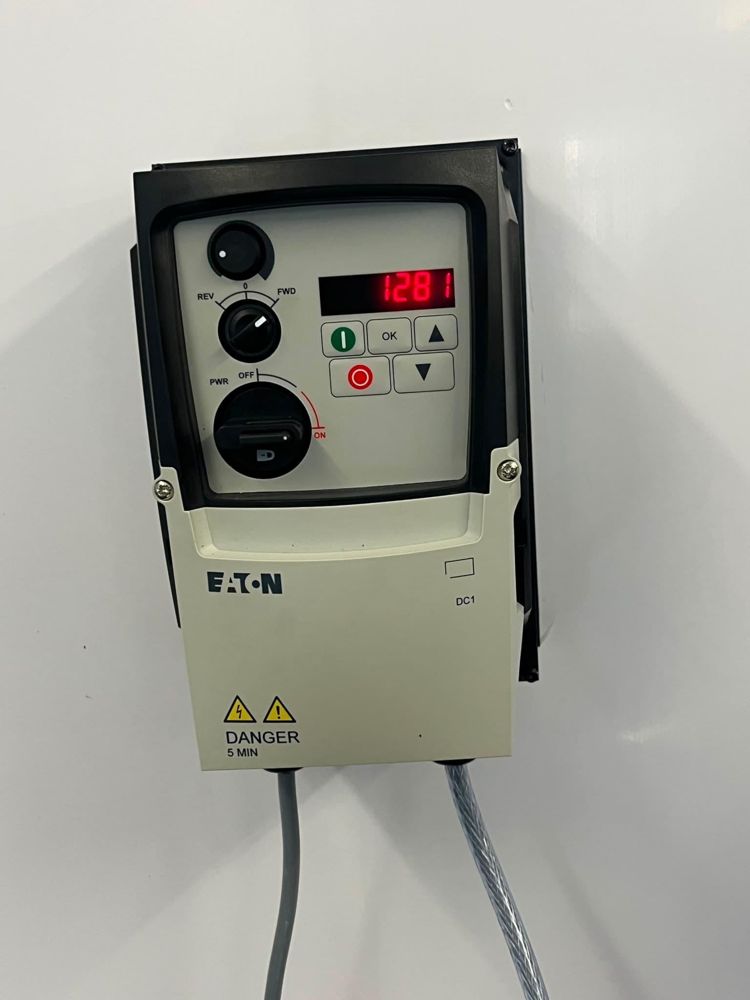 Wall-mounted Eaton DC1 variable frequency drive - Precise Hz control for high-shear mixing without excess aeration.